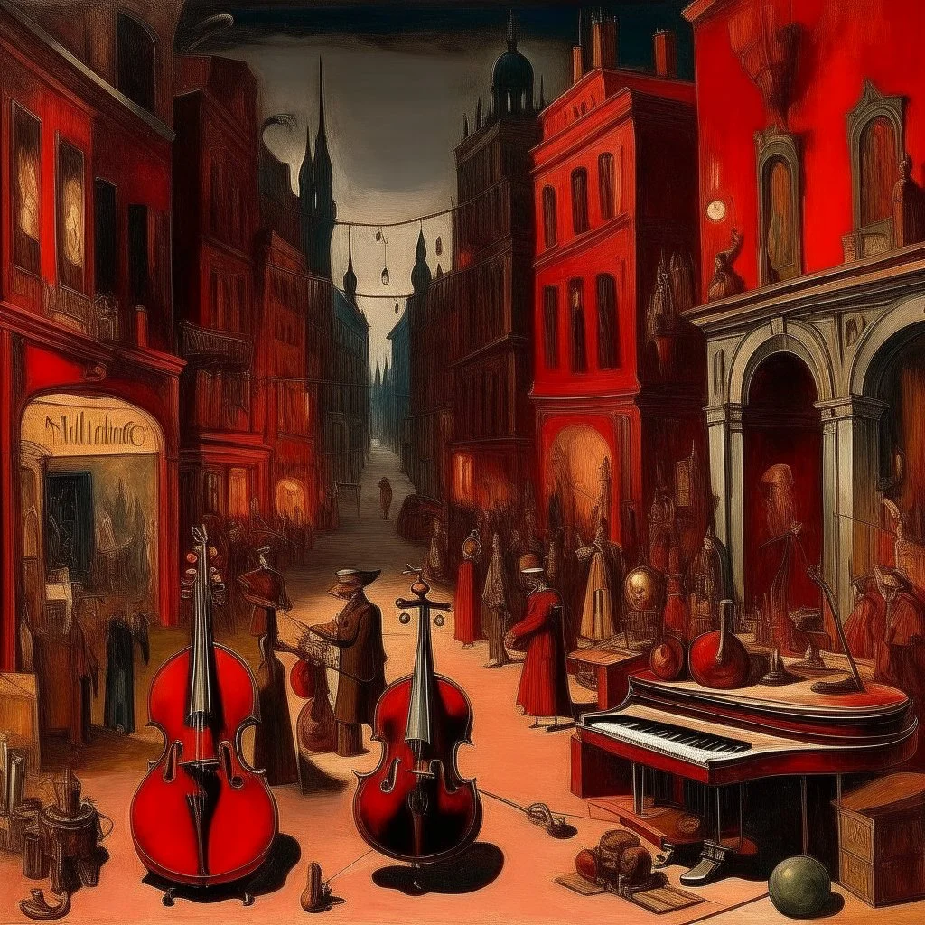 A dark red city filled with instruments painted by Edgar Degas