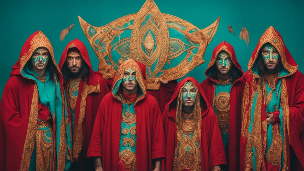 Five people with an average age of 30-40, wearing red and gold hooded cloaks with intricate designs, tribal markings face paint and a third eye symbol on their foreheads, standing in front of a teal background