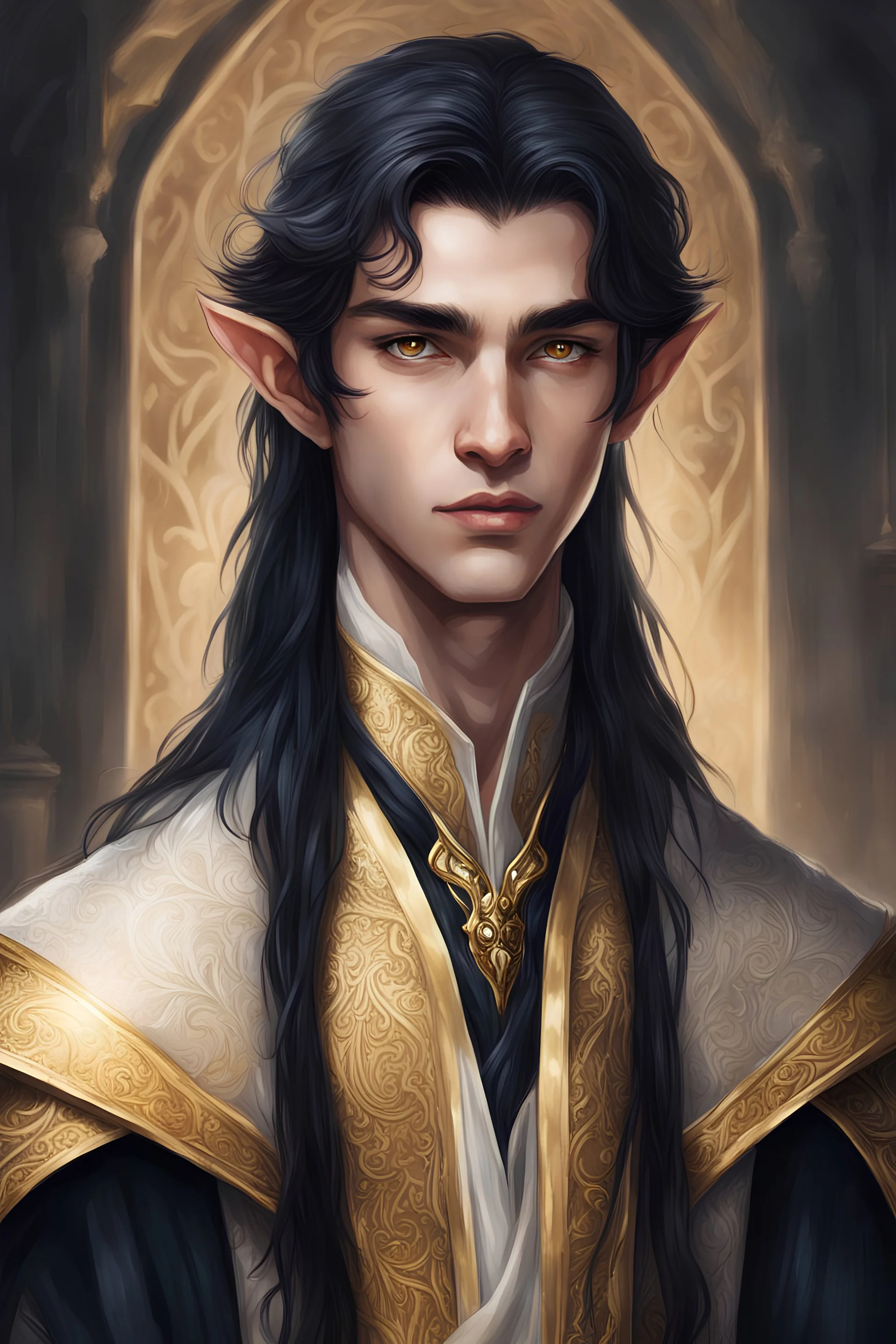 seventeen-year-old elven boy, golden eyes, long black hair, dressed in aristocratic robes.