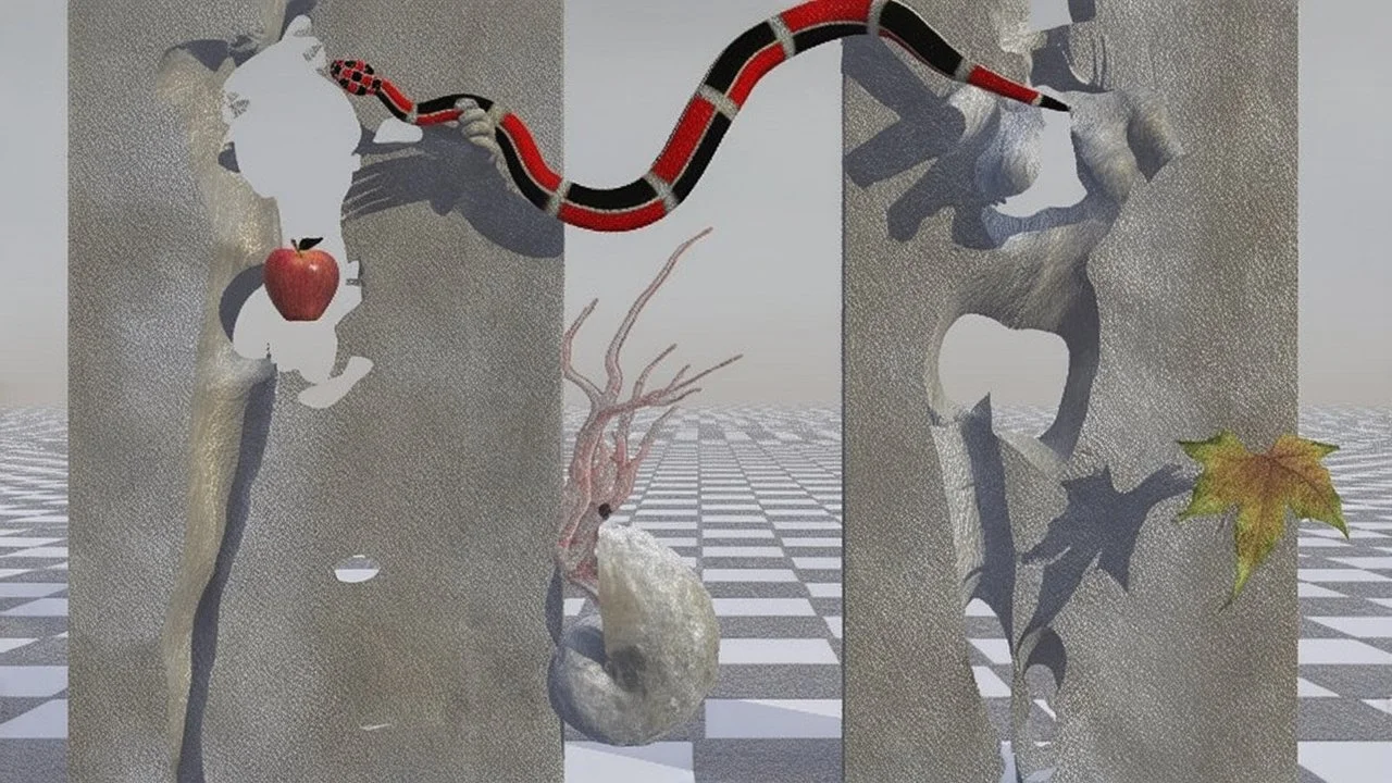 Surreal scene featuring two abstract stone figures with cut-out shapes, positioned in a minimalist checkered environment. A vibrant red and black snake weaves between the figures, which each hold an apple. Surrounding elements include organic forms resembling coral and a single colorful autumn leaf, enhancing the contrast between the rigid stone and the fluidity of nature.