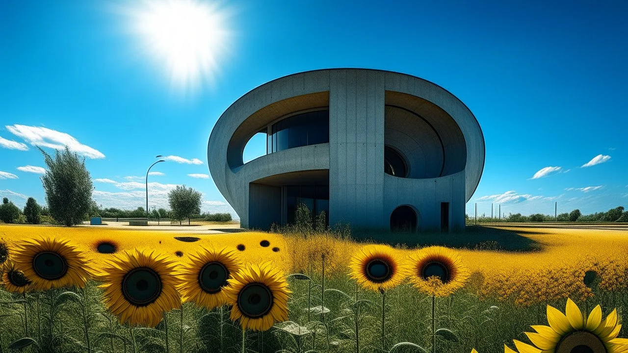 A modern concrete building with a large circular window stands amidst a field of sunflowers under a blue sky. The painting style gives the scene a vibrant, textured look.
