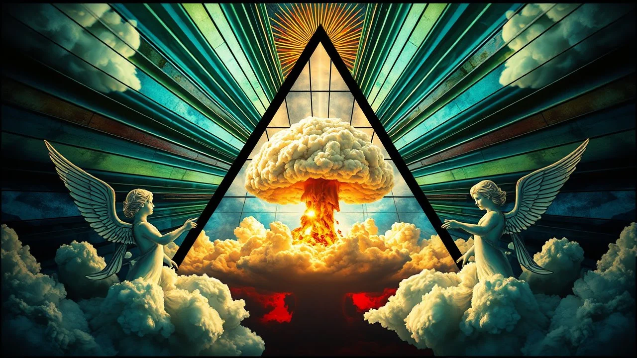 a nuclear explosion cloud(middle) framed from behind by a triangle of stained glass surrounded by radiant lines from the center, the wind and smoke from the explosion forming shapes of dancing women with small angel wings(left and right foreground) like cherubs in the clouds, religiose art