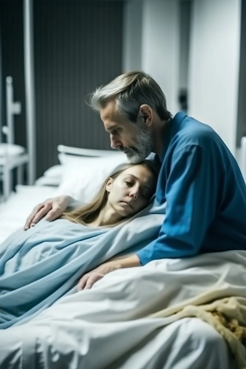 dying man in the hospital. woman hugging his dead body