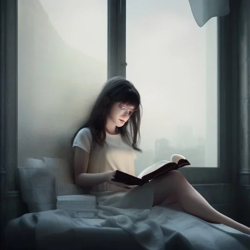 Study girl read a book in by the window, movie, real photo realistic, unreal engine, cinematic lighting --ar 1:1 creative