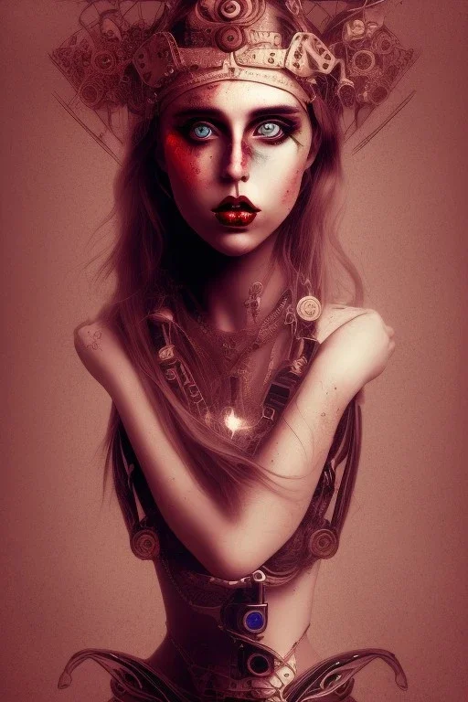 Danish singer MØ face,Abstract steampunk, red tones,