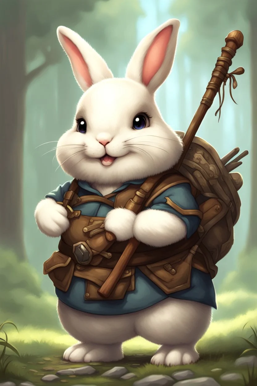 Cute chubby bunny adventurer with staff dnd art realism