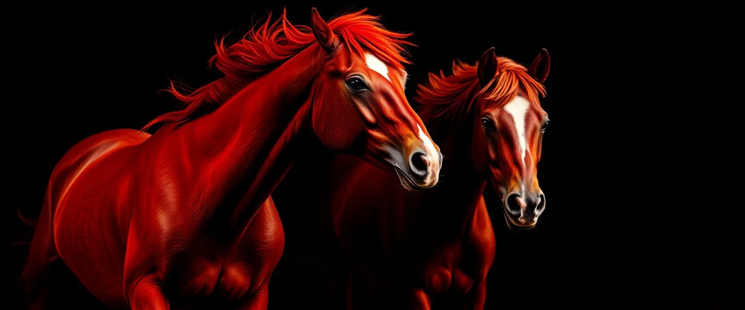 2 horses running towards the viewer, mostly red tones on dark background