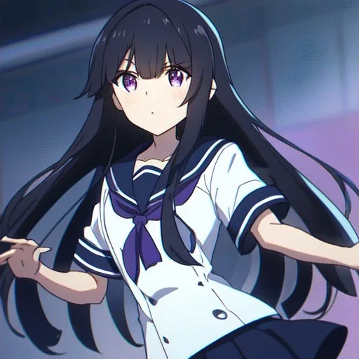 Clear focus, High resolution, long black fluffy hair, long locks, chopped bangs, purple eyes, wearing a sailor uniform, (solo), anime screencap, pixel