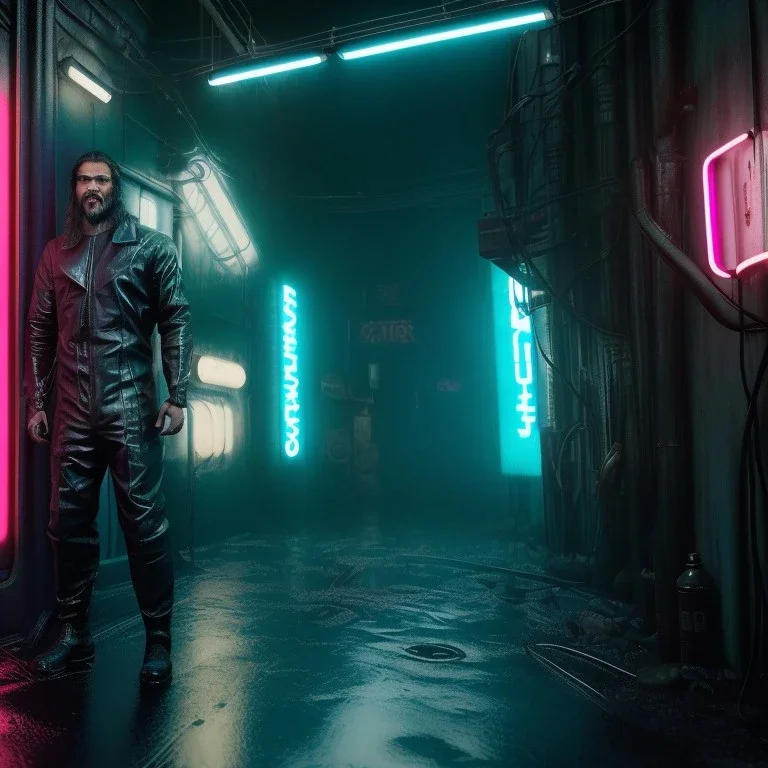 Actor, jason momoa, blade runner style, rain, fog, neon ambient, gradient color, clean skin, circuits, latex coat, cyber punk, neon, tubes, portrait, photo studio, unreal engine 5, smooth color, 16 bit, god lights, ray tracing, RTX, lumen lighting, ultra deatail, volumetric lighting, 3d, finely drawn, hd.