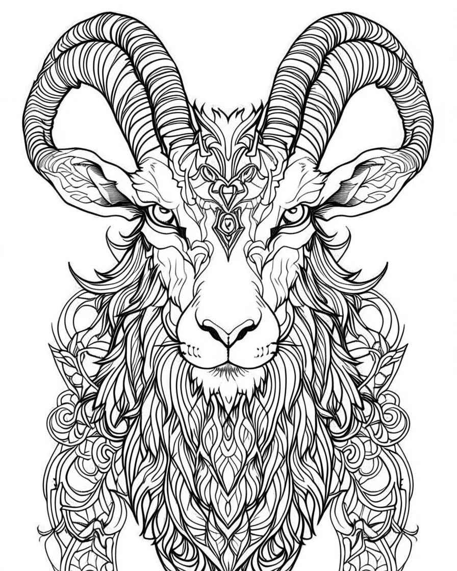 satanist goat tattoo, coloring book page, clean line art, adults drawing book, Black and white only, crisp black lines, sharp lines, coloring page for adults, black and white picture, lots of details, tattoo style,tattoo ideas, full body, without shadows and colors