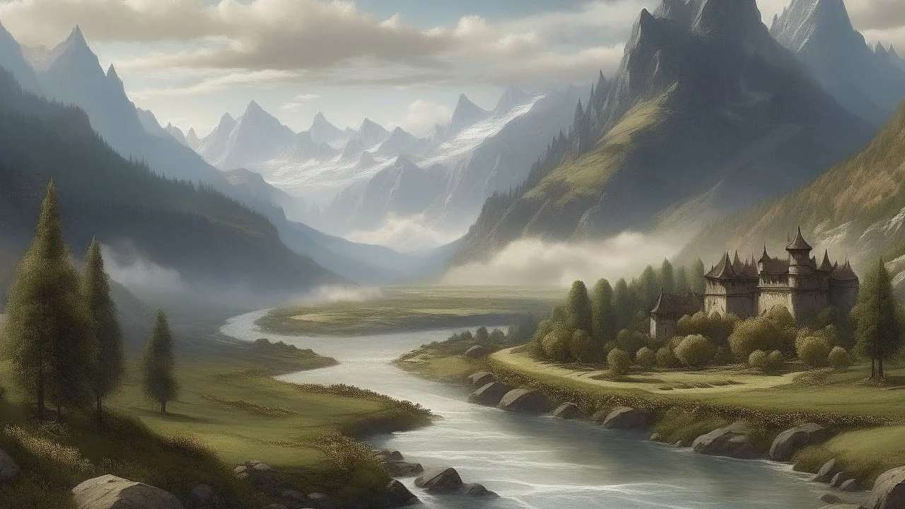 Highly detailed matte painting of a landscape with mountains and a river, inspired by the works of Rafael Santi, realistic style, soft lighting, intricate details, long shot