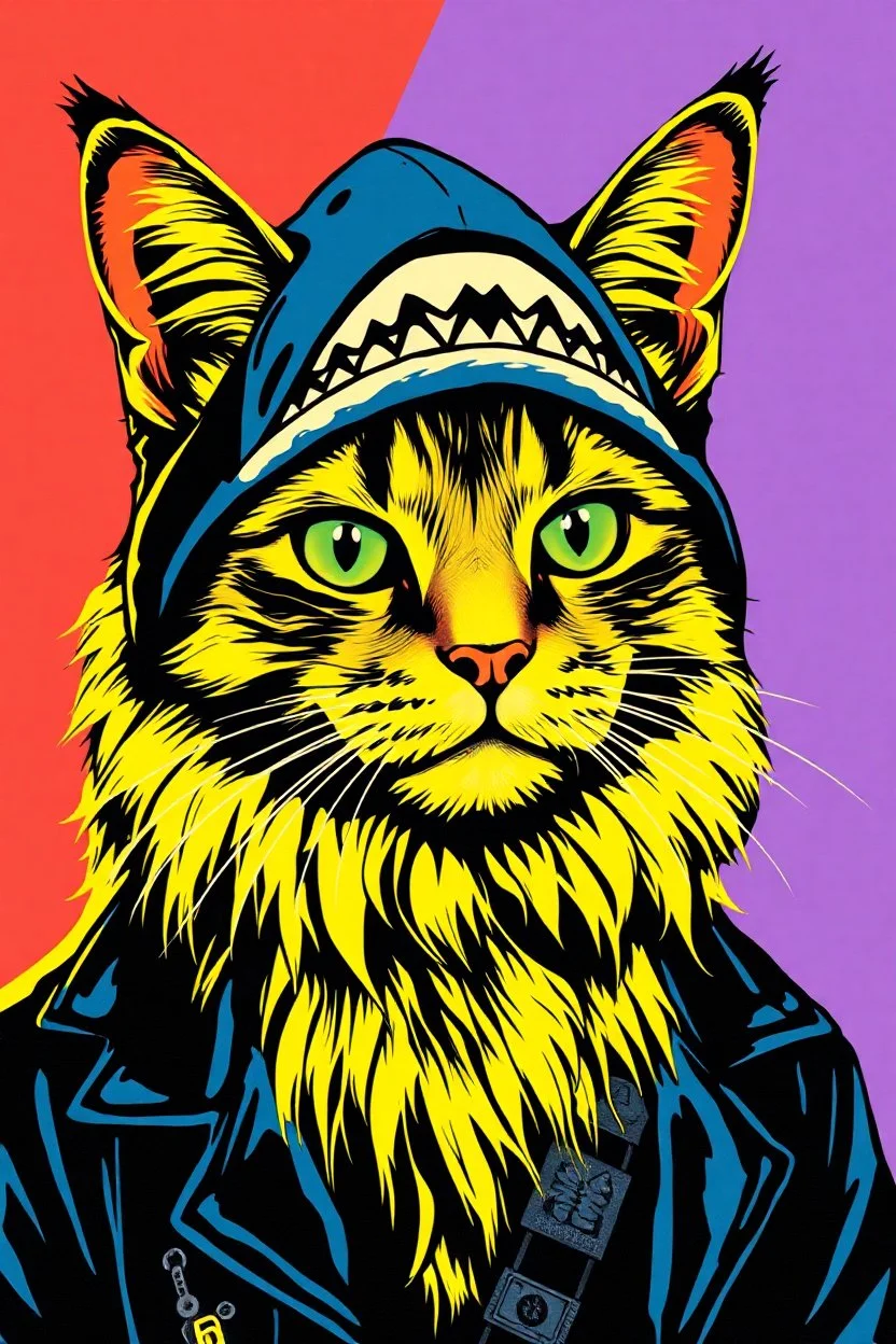 cat with shark mask hat solana chewbacca body cypher punk japanese style in the style of warhol