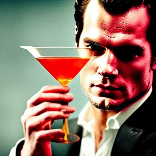 portrait of henry cavill as james bond, drinking a martini, red and golden, cinematic, noir, hd, 4k