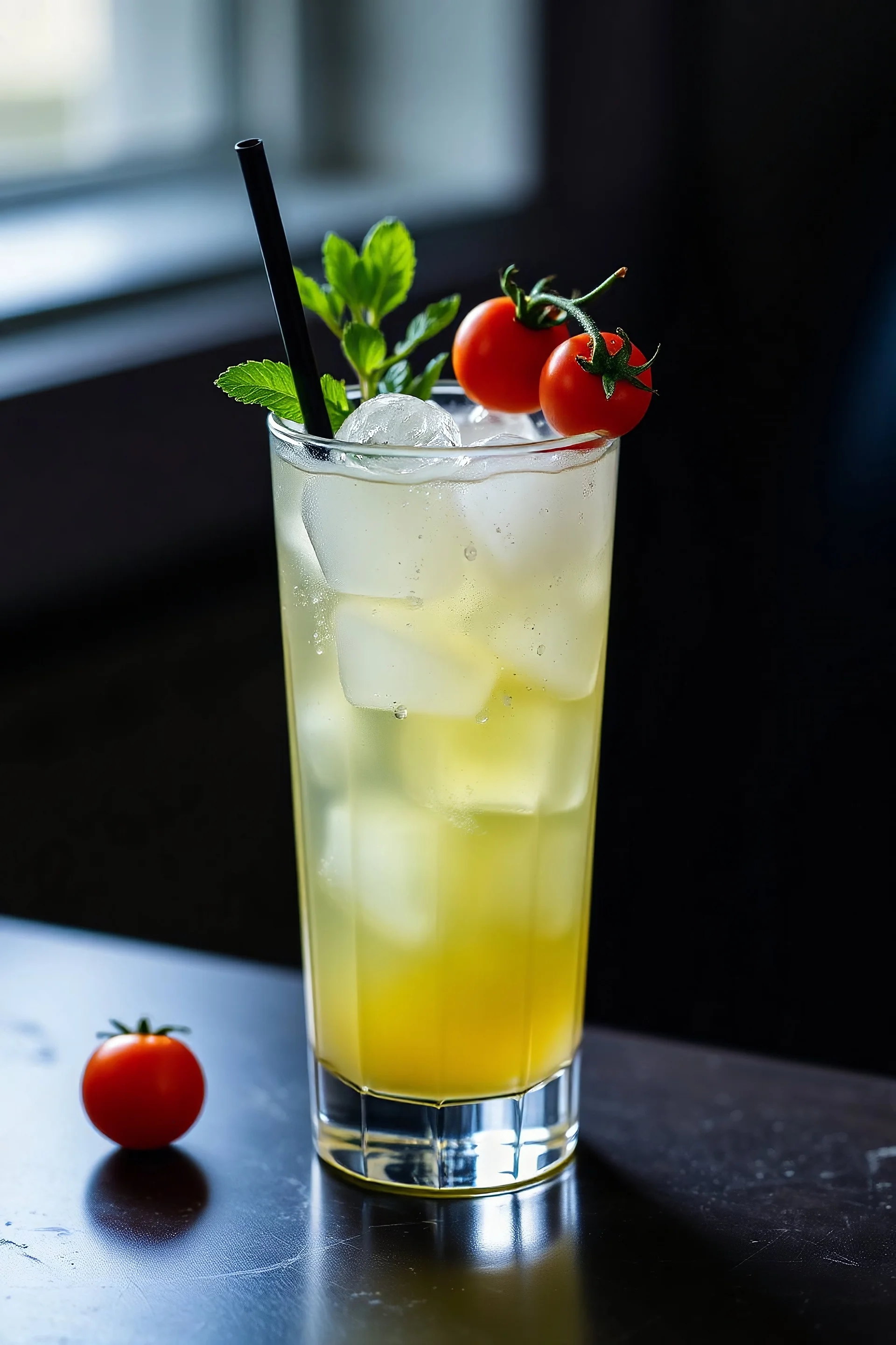 transparent cocktail with ice in a highball glass, decorated with tomatoes