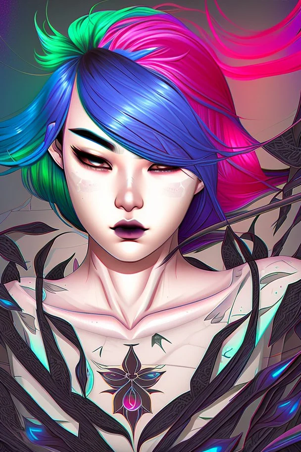 asian androgynous girl, in detailed comic illustration, piercings,rainbow hair, androgynous look, epic colour treatment, cinematic colour treatment