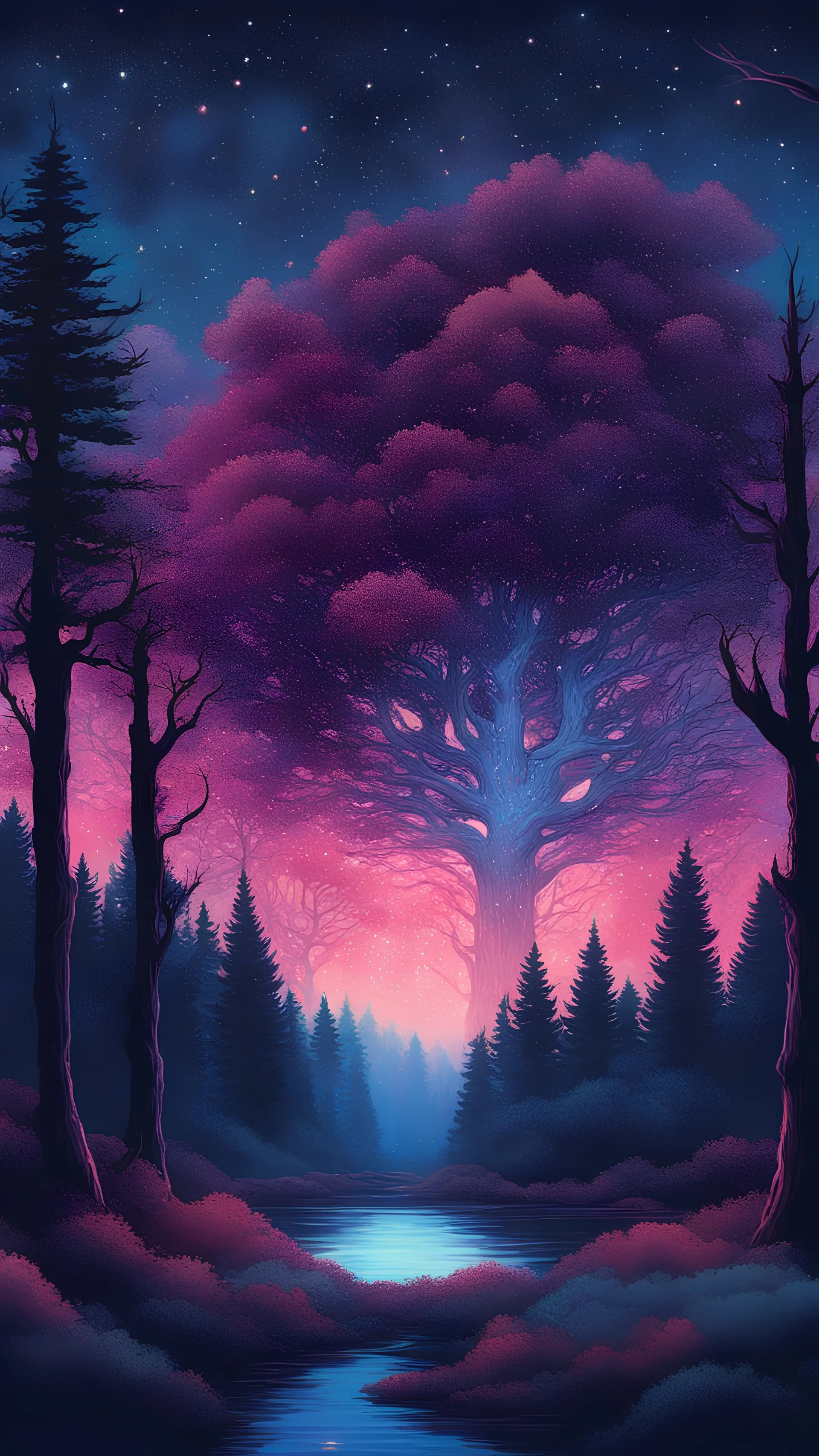 a painting of a night sky with stars and trees, magical forest backround, colorful otherworldly trees, cosmic tree, trees and stars background, magical forest background, mystical forest background, anato finnstark and alena aenami, petros afshar speedart, annato finnstark, night forest background, colorful night sky, cosmic night background, psychedelic forest