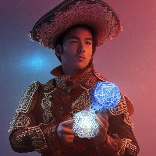 Insanely detailed photograph of an “male mariachi warrior holding glowing D20” with intricate detailed Sombrero, intricate charo, hyperdetailed painting by Ismail Inceoglu Huang Guangjian and Dan Witz CGSociety ZBrush Central fantasy art album cover art,8K, hdr, mysterious, flickeringlights ,Stoic