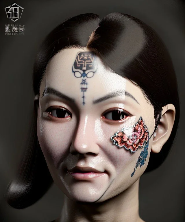 Simetric Realistic image portrait. Sweet woman head traditional japanese porcelain mask. Smooth. Dark ambient. Cold. God light. 4k resolution, intricate details, ornate details, soft lighting, unreal engine 5.