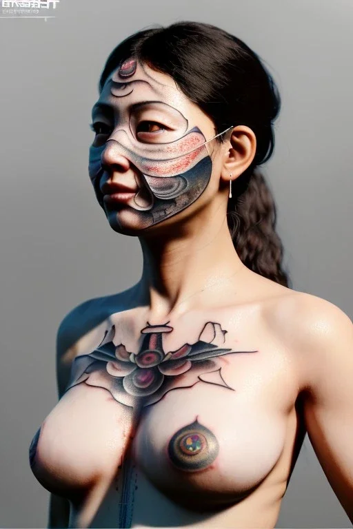 Ultra Realistic image, 38 years old Spanish woman, portrait, small complexion, natural small busty, traditional Japanese body tattoo, jakuza style, put traditional Japanese mask, vibrant color, highly detailed, art stations, concept art, smooth, unreal engine 5, god rays, ray tracing, RTX, lumen lighting, ultra detail, volumetric lighting.