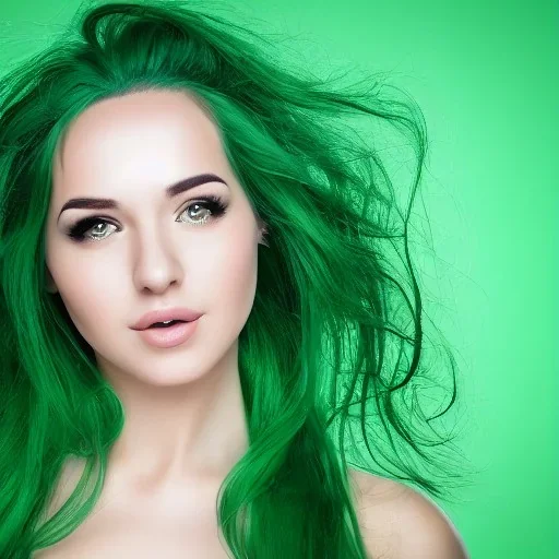 A beautiful girl , sexy , green hair, highly detailed and a green background