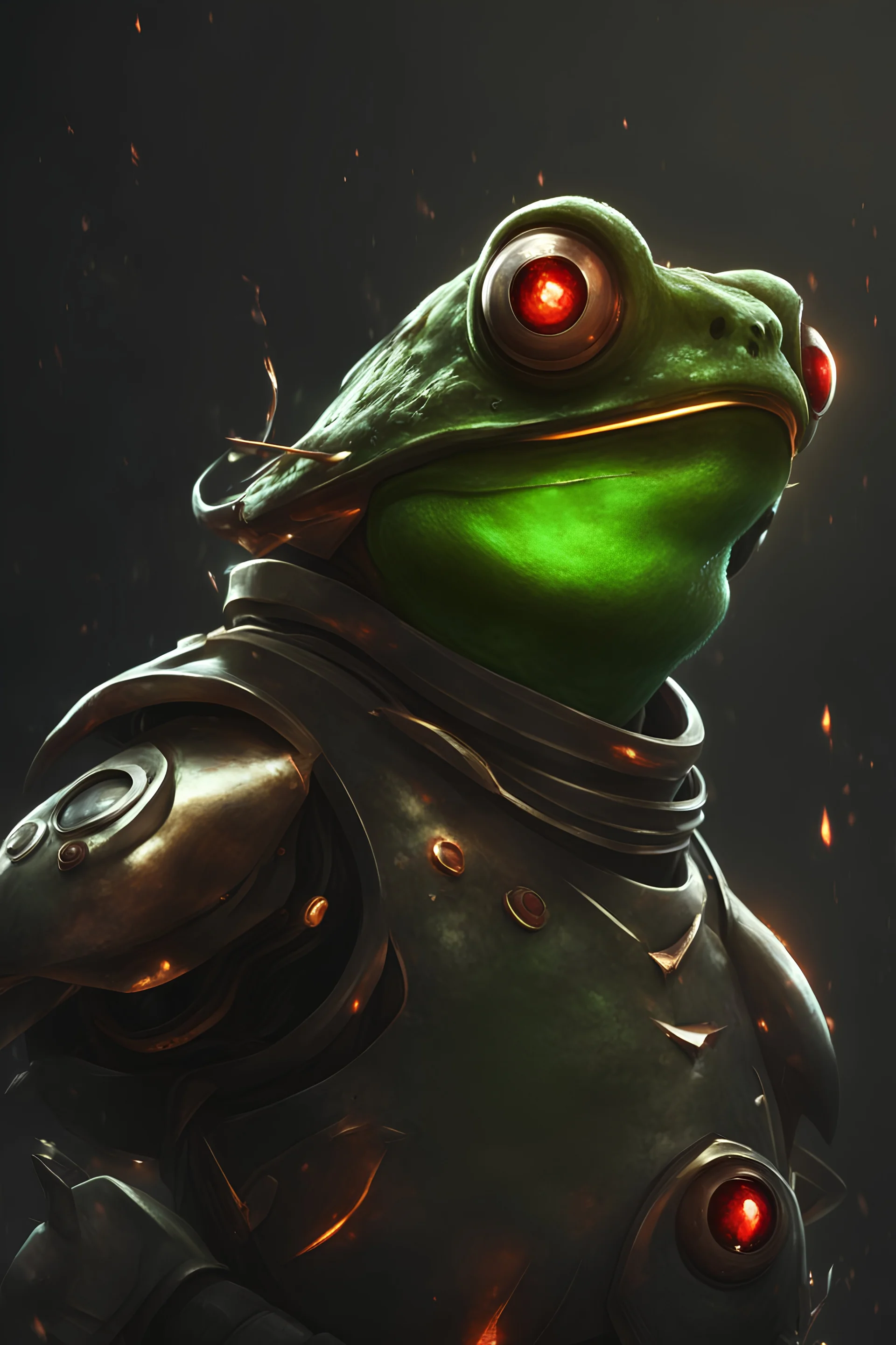 Frog Green Soldier Portrait Glow big red eye Gold Armor warrior fire Robotic lightning Silver Smoke Dust 16k details epic rare future water