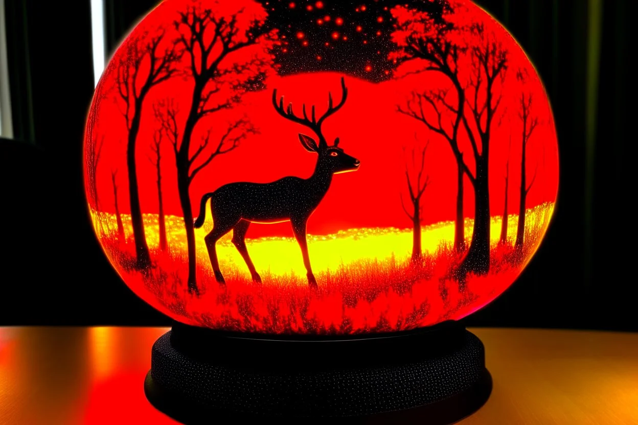 a globe made of glowing orange-red salt material covered in gold lace, about 60% of which is visible, with a glowing light inside, double exposure, in the foreground a black silhouette of a deer jumping dynamically, in the background a landscape with a beautiful forest and a waterfall in the sunlight