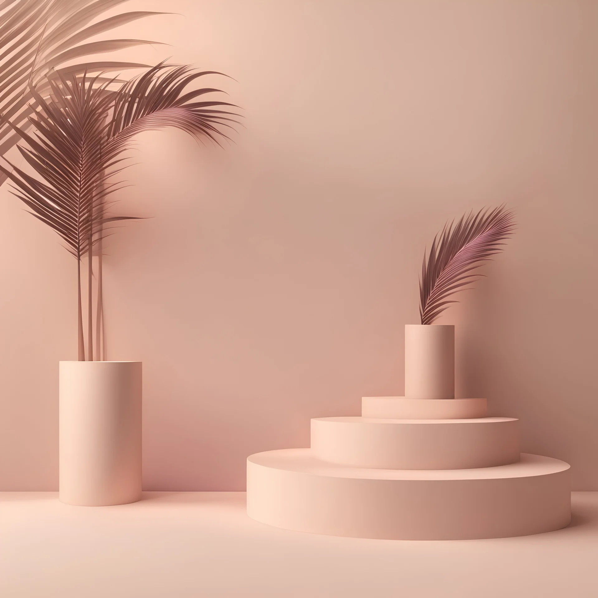 3d render mockup podium stand table shelf. Purple pink beige nude white abstract background. Palm tree leaf shadow. Nature. Light pale pastel. Design beauty product cosmetics. Wall stage room studio.