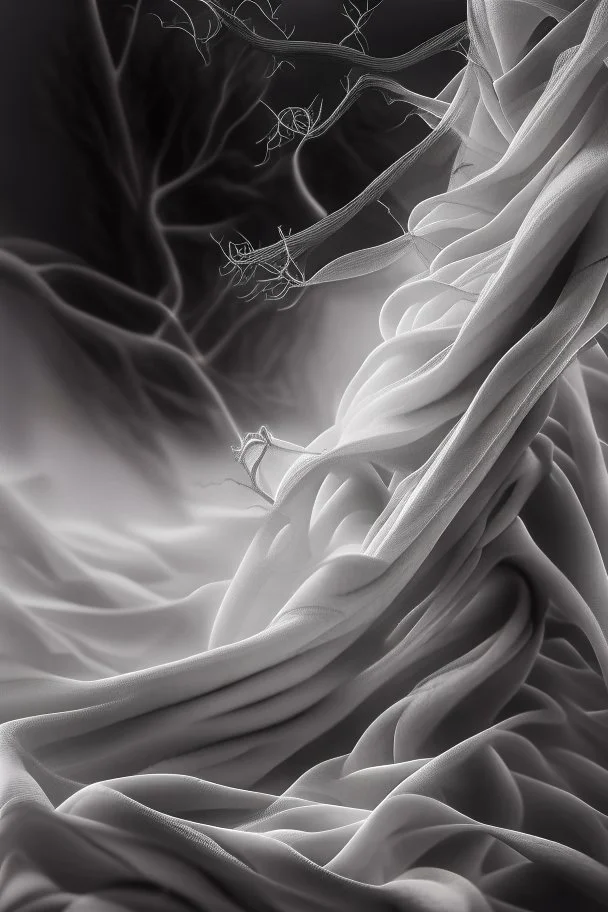 Multiple entanglements between a twisted thin piece of cloth as part of many twisted and spiraling branches disappearing into the distant mist, epic photo, sharp on highly detailed skin with wrinkles and high contrast, photorealistic, 4K, 3D, realism, hyperrealism, detail, good lighting, detailed texture, modern photography style, 3D, 4D, 4K