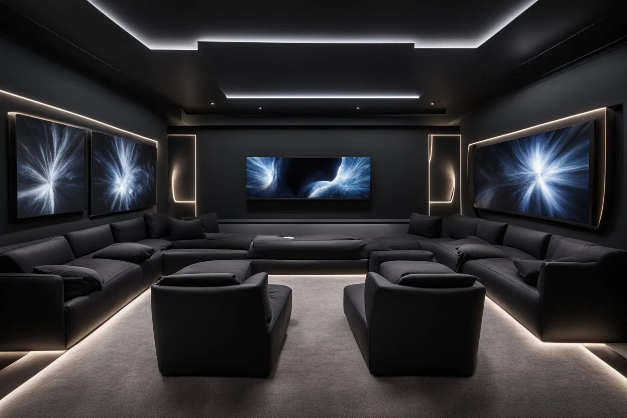 a black themed dedicated home cinema room with LED ambient lighting in the walls make sure the room is completely symmetrical