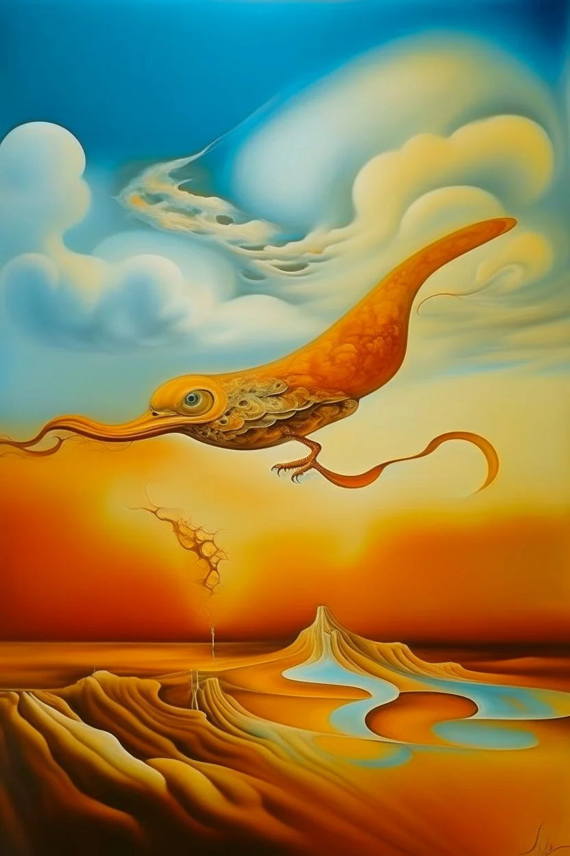 fire bird flying over clouds by Dali.