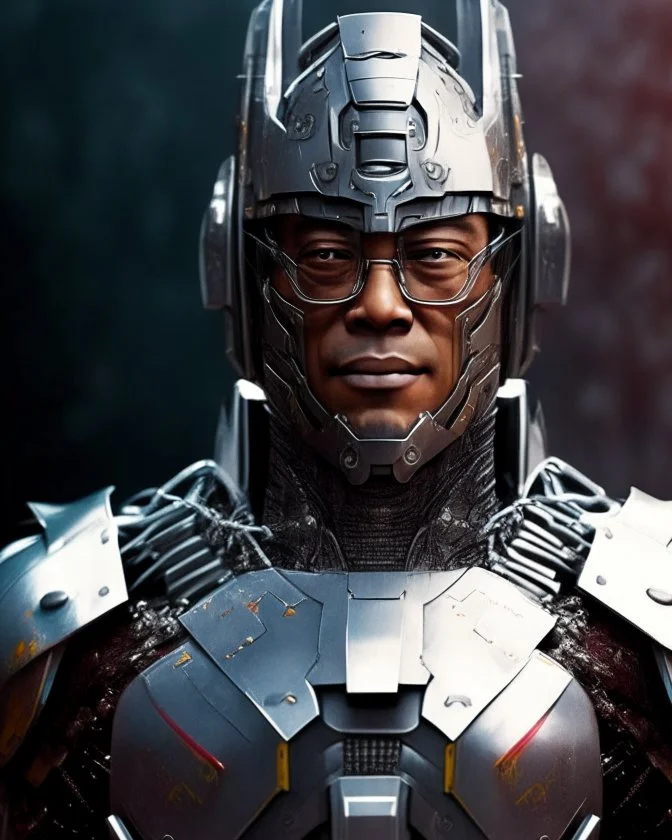 Cyborg armor with helmet on head serious face