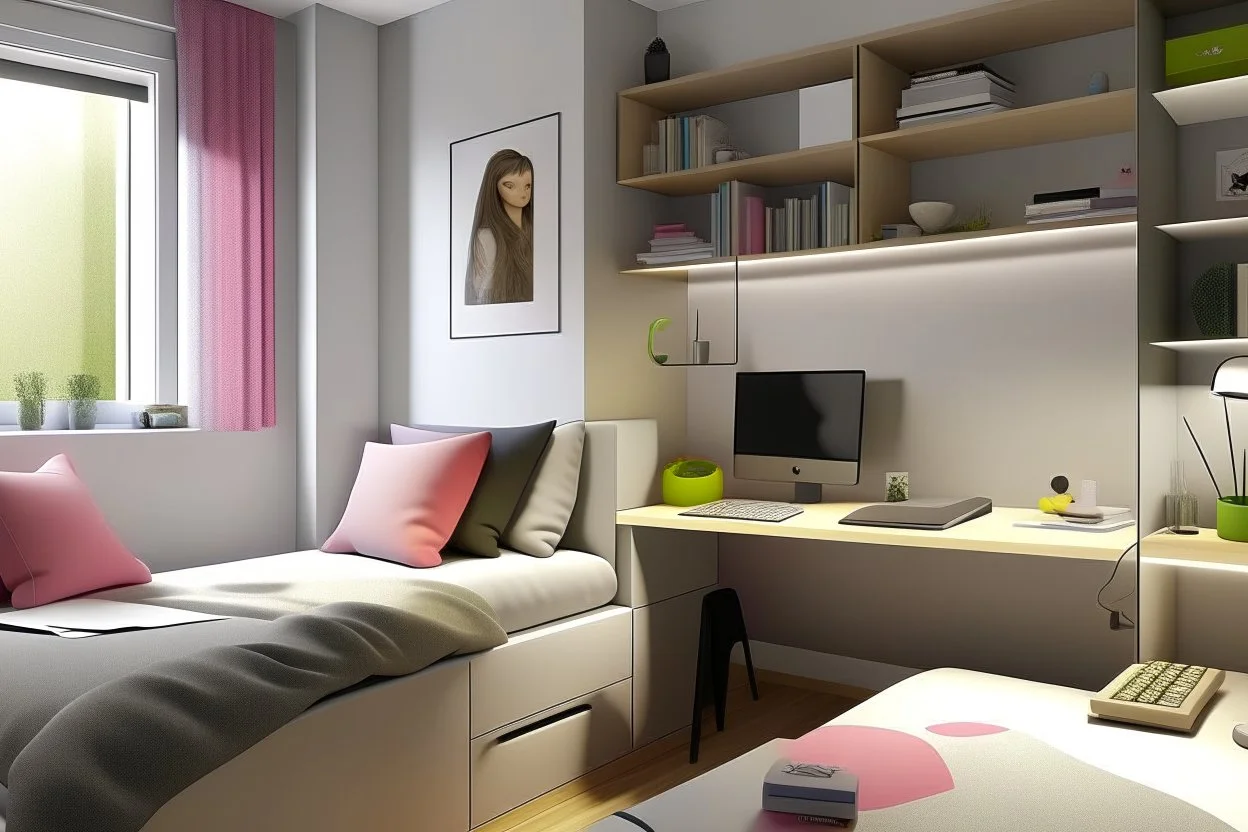 A youthful room with a PC 🖥️ and a bed 🛏️ 190 cm, 90 cm wide, and RGP side lighting.