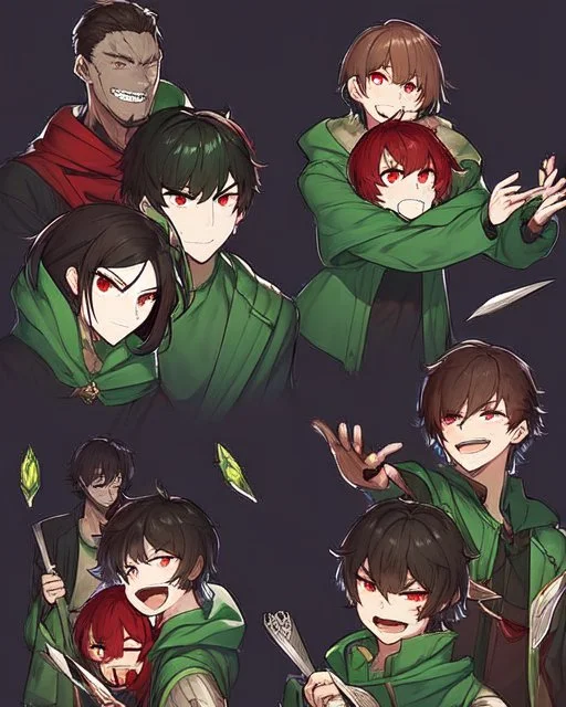 Short brown hair, red eyes who wears a green blouse open with its hood, holds a bright red knife, Smile insanely and very angry, Aspect that shows that the character is a villain, Aspect that shows that the character is a villain, dark background Very dark, and HQ Manga style He is a man but resembles a woman.