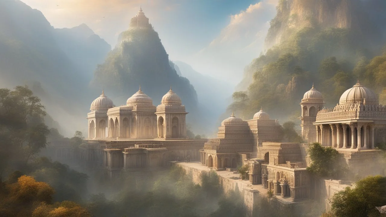 an ancient indian city sprawling across a valley. marble. fantasy