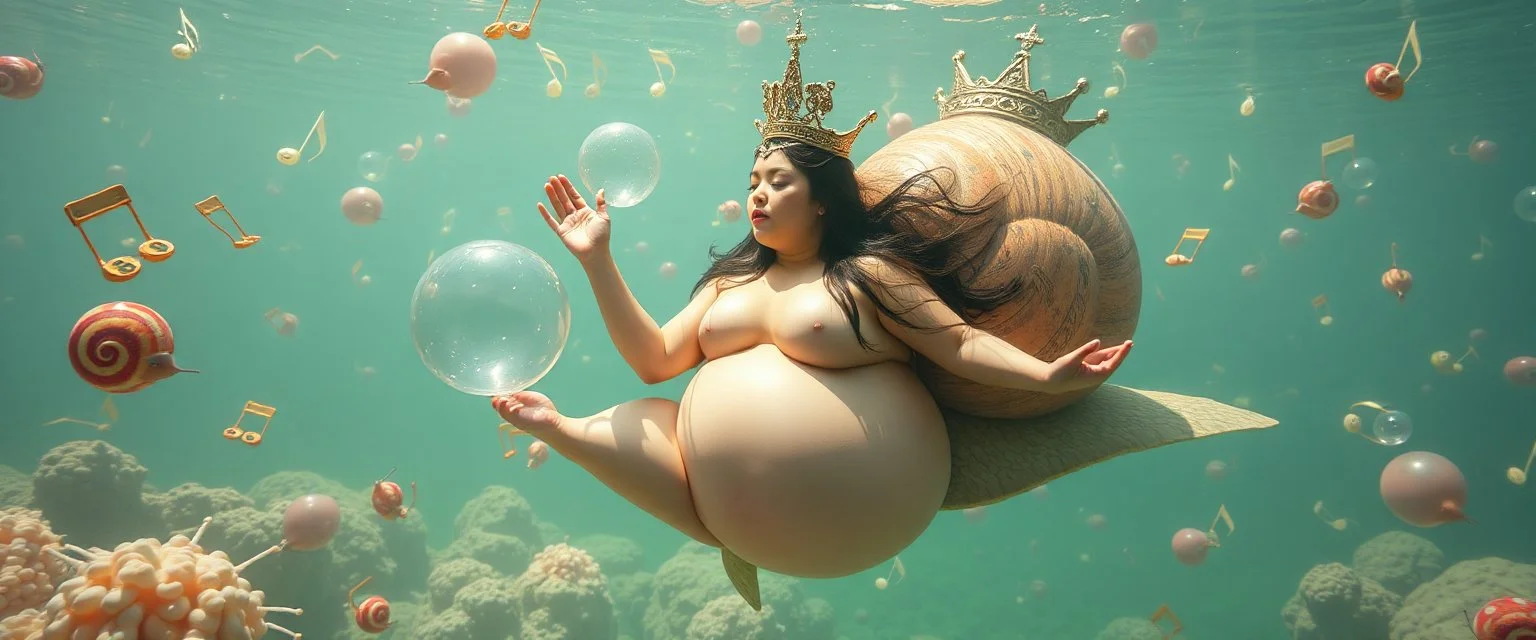 fat queen true yoga mind bending bubble gum as a young woman floating transparent music notes in the weirder universe in the ocean with the snail fish king in the style of Escher