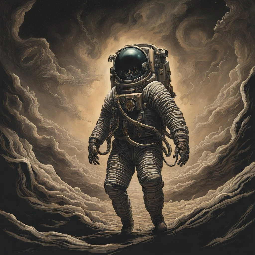 Phobia of black empty space, time-lapse representation on an astronaut drifting further and further away into space, lost in a dark vacuum, dramatic,, surrealism metaphorical art, by Salvador Dali, by Peter Mohrbacher, by Giger, horror, abstraction of fear.