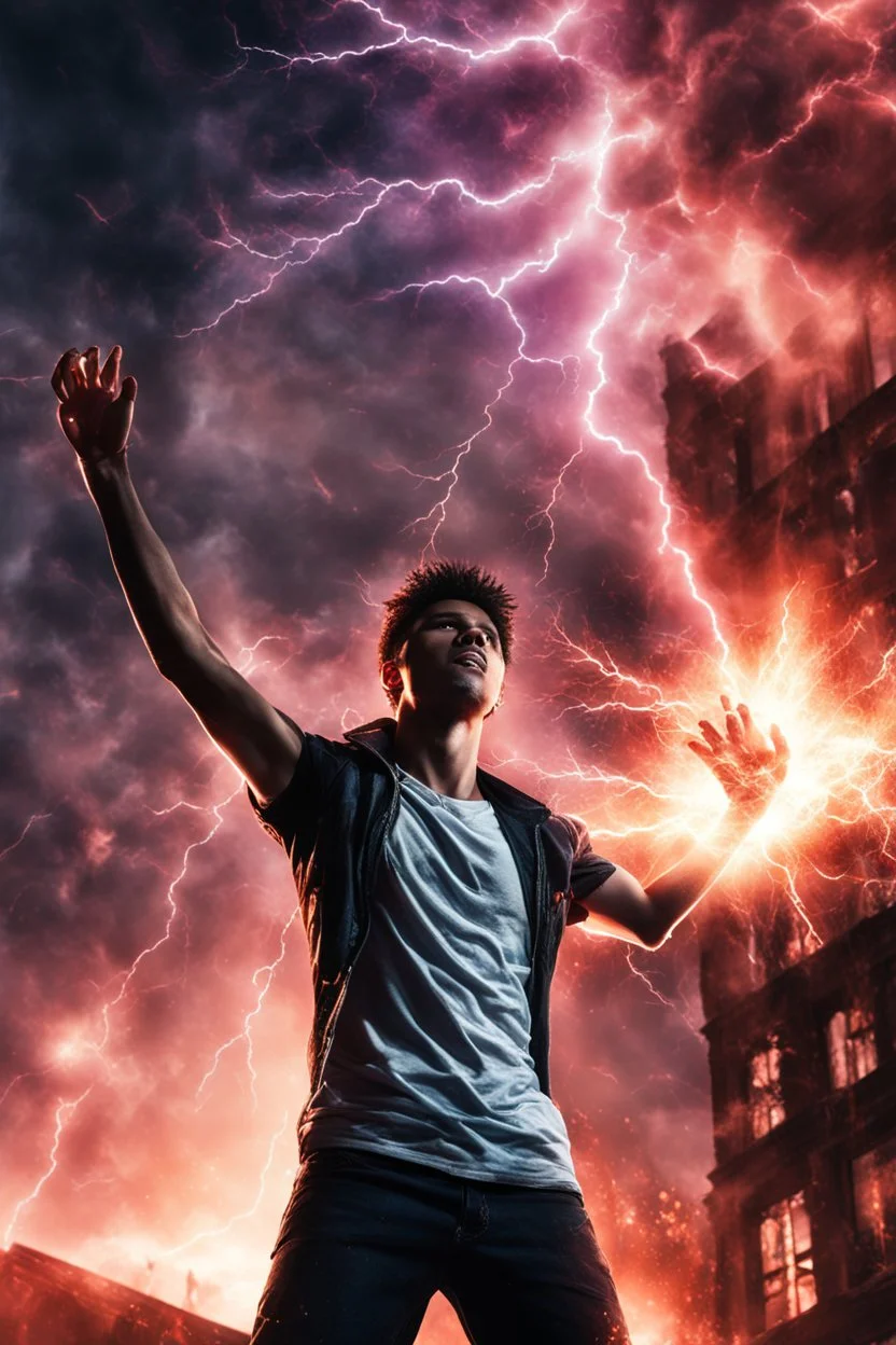 Young man standing, with arms raised with lightening coming from them, in front of an exploding building at night, with red auras around him