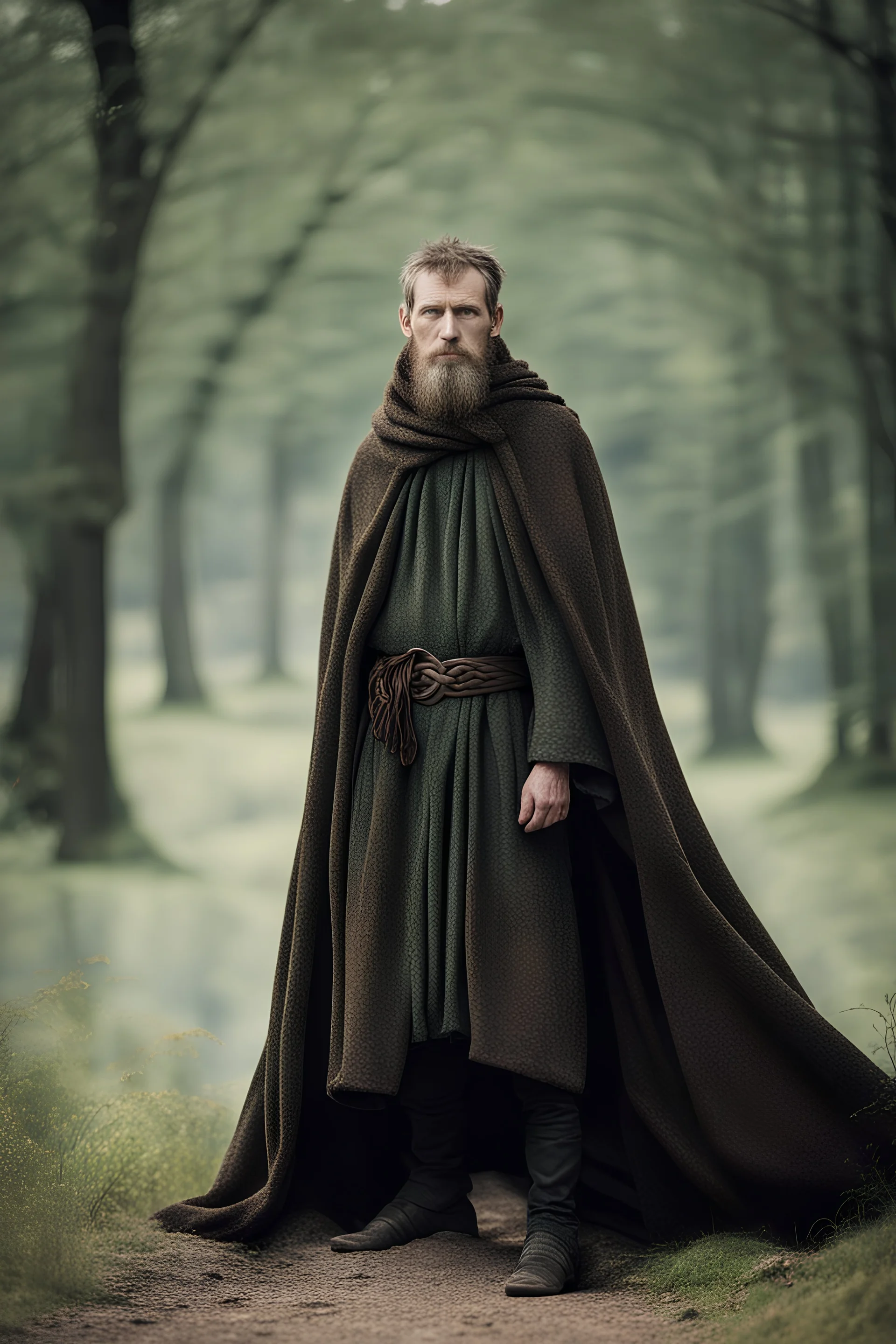 head to toe photo of a Celtic man in a cloak