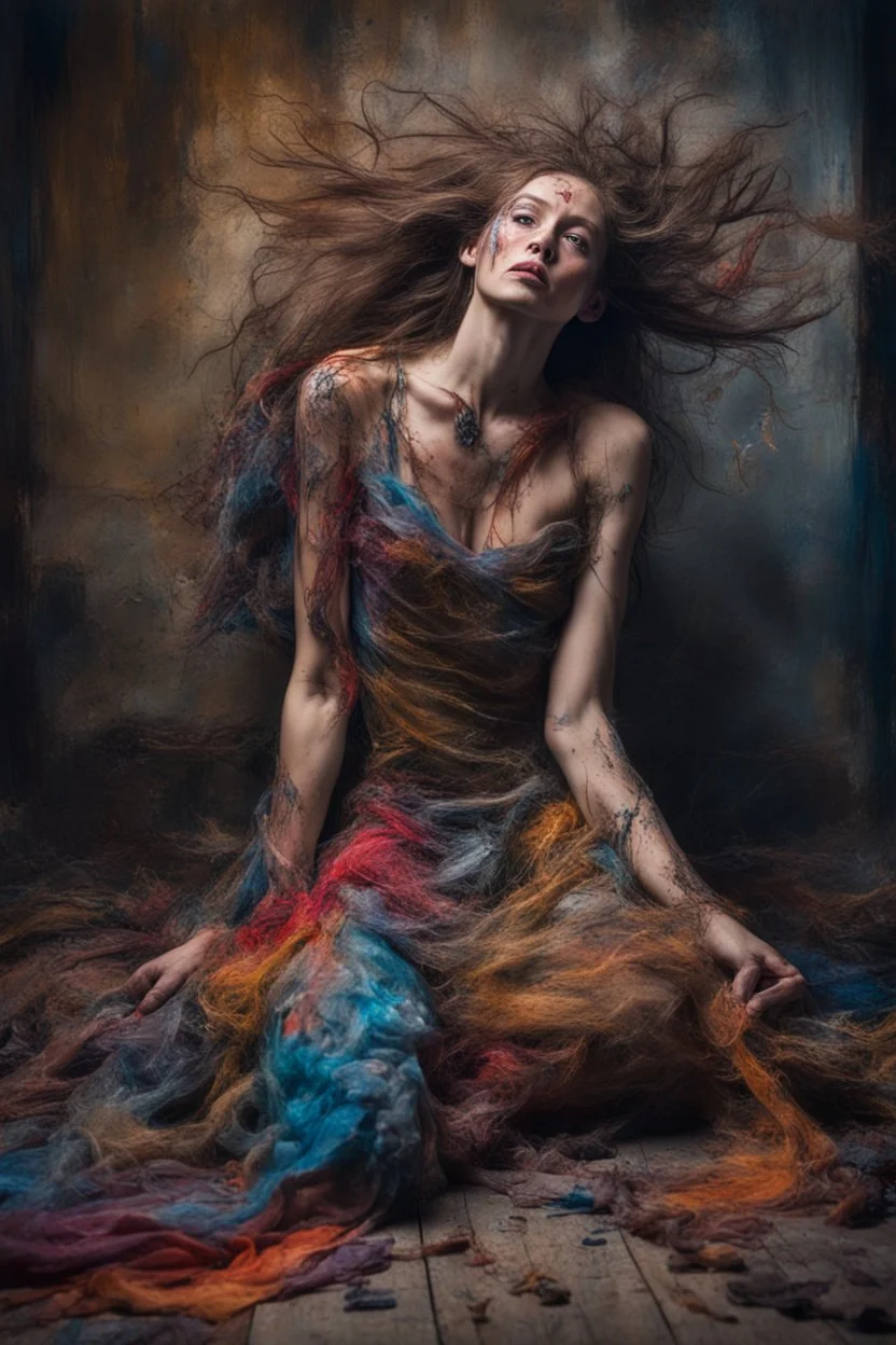 Bound and thrown to the floor, a woman exudes vulnerability in a fantastical setting. Her tattered gown clings to her bruised skin, hair tangled and wild. The scene is depicted in a stunning photo, showcasing intricate details and vivid colors. it captures the desperation and strength in her eyes, making the viewer feel the intensity of her situation. This masterful image blends beauty with turmoil, immersing the audience in a powerful narrative.