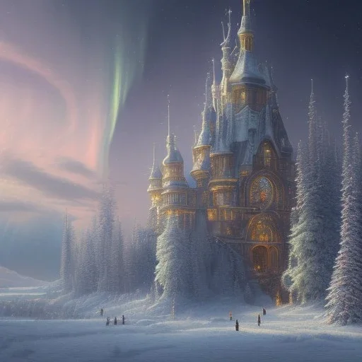 A large palace of black crystal in a northern landscape with snow-covered trees and the northern lights in the sky, by Peter Mehrbacher, Thomas Kinkade and Raphael Lacoste, masterpiece, image, highly detailed, detailed, intricate, trend at Artstation