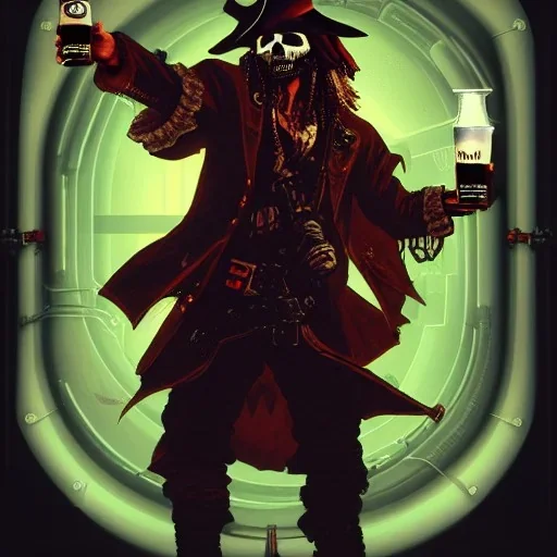 a cyberpunk hacker pirate captain skeleton holding beer with a pirate hat sitting in front of a huge old crt monitor in a dark room , only light coming from crt monitor, highly detailed, intricate, digital art, trending on artstation, trending on cgsociety, by greg rutkowski