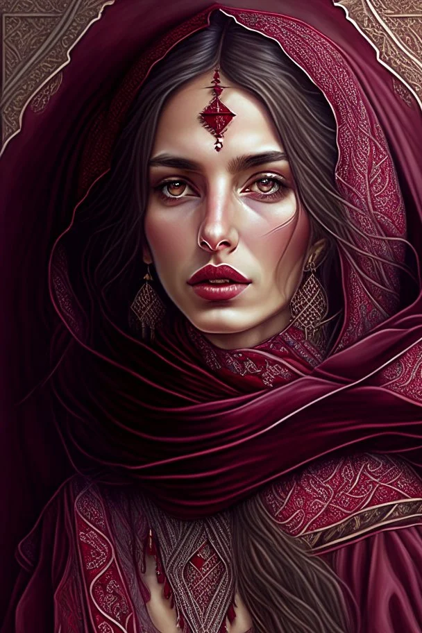 Hyper Detailed Gorgeous Turkish folklore woman, Wearing a maroon Bardot Dress & shawl