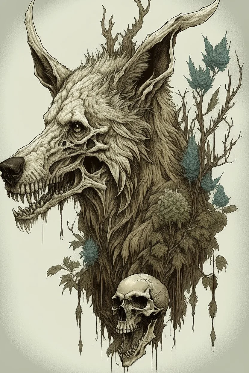 cannabalistic wendigo with a wolf skull