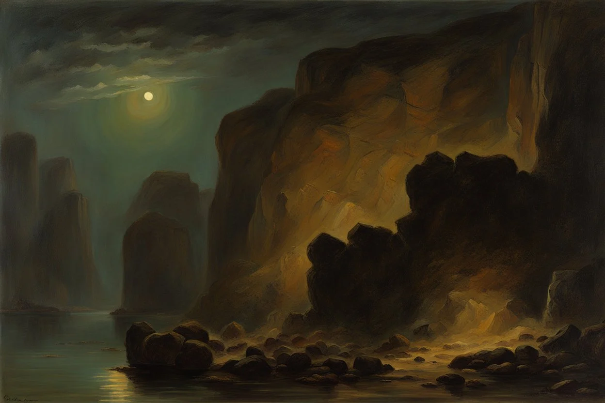 Night, rocks, mountains, friedrich eckenfelder impressionism paintings