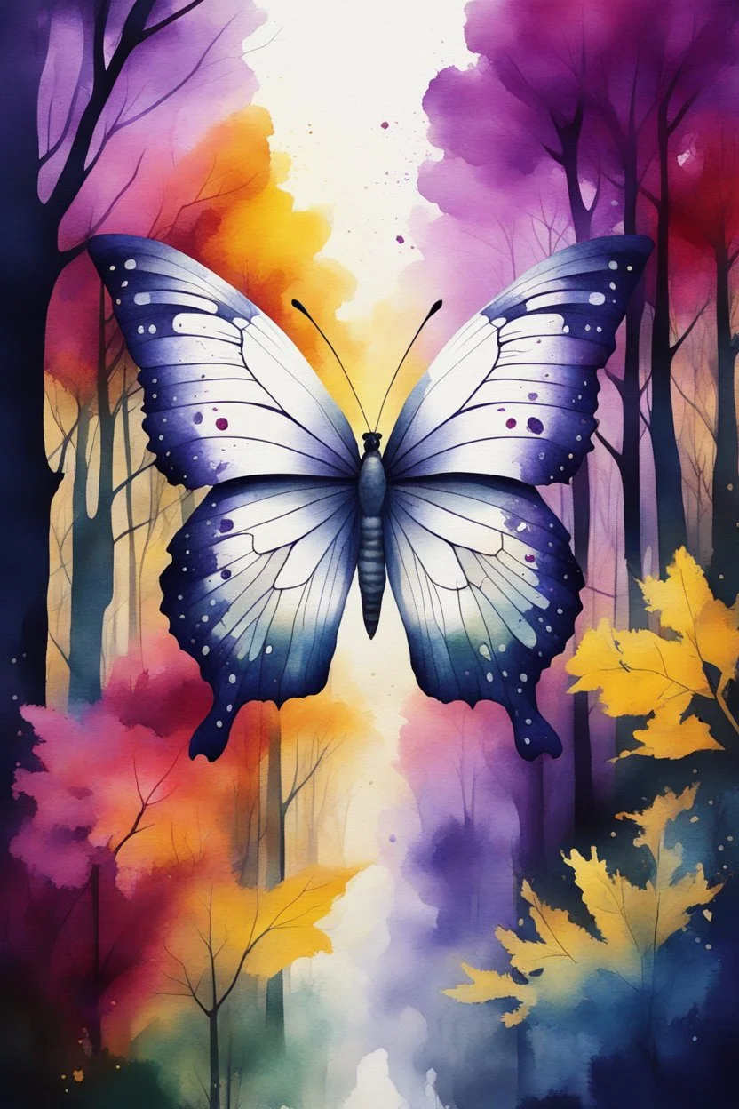 A beautiful colorful white butterfly in dark red and purple and yellow trees and dark green and dark blue colors only, thin lines draw style , Busch painting style nightmare with sunshine in the middle, watercolors splash