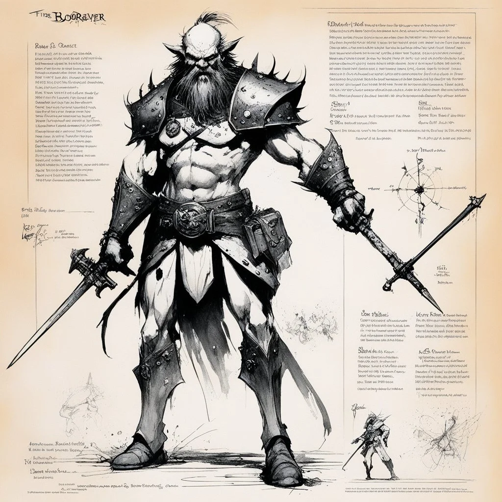 character concept sheet with AD&D statistics and characteristics, [illustration by Ralph Steadman] The Bloodreaver character class, power of blood that creates lights and smoky magic around, plus brutal strike