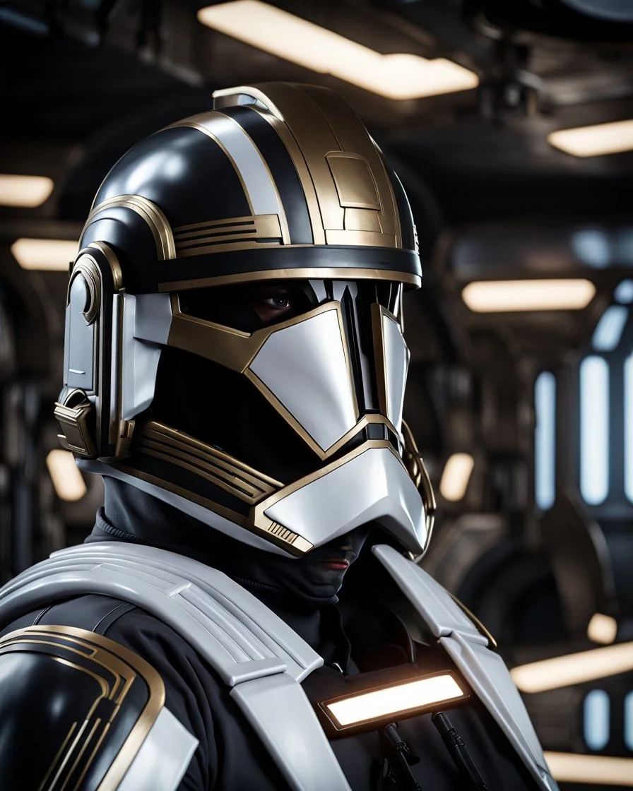 star wars bald male corellian pilot wearing pearlescent black and gunmetal grey First Order special forces armored flightsuit and helmet with gold trim inside the jedi temple, centered head and shoulders portrait, hyperdetailed, dynamic lighting, hyperdetailed background, 8k resolution, volumetric lighting, light skin, fully symmetric details