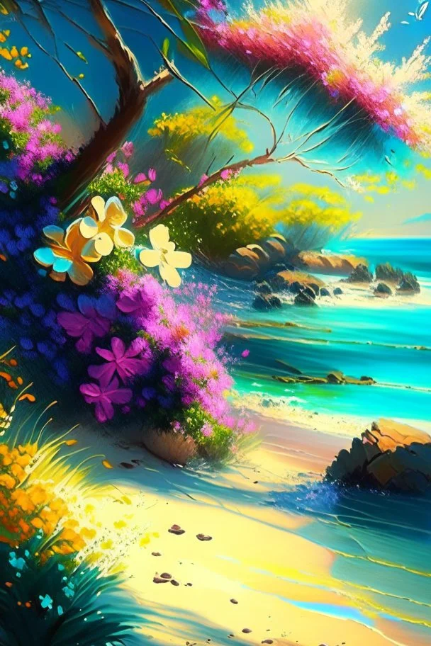 full light,highlight, trees, water, day, sun day, an idyliic beach with bright colorful flowers, ocean, sun,flower, paradise, realistic art, brush, pencil, detailed