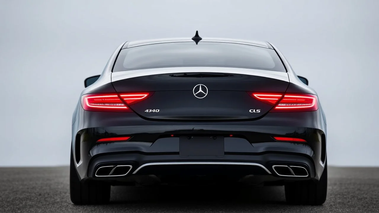 Full image of the rear view of a black Mercedes-Benz CLS with lights on