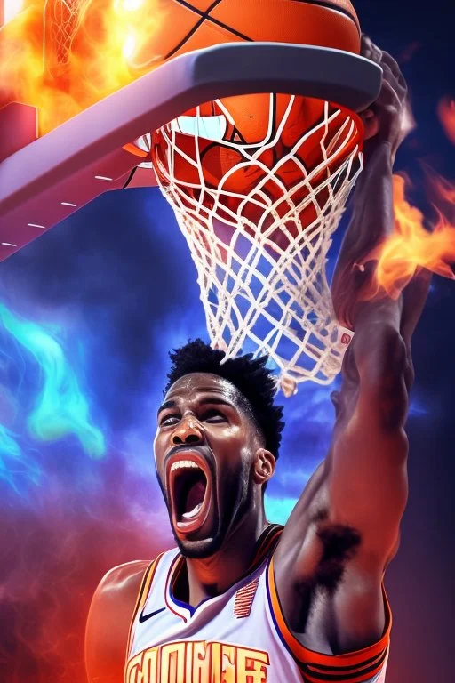 8k, highly realistic and detailed image of a NBA basketball player in action dunking the ball in the net, sweaty hair, screaming look,action and smoke and flames background